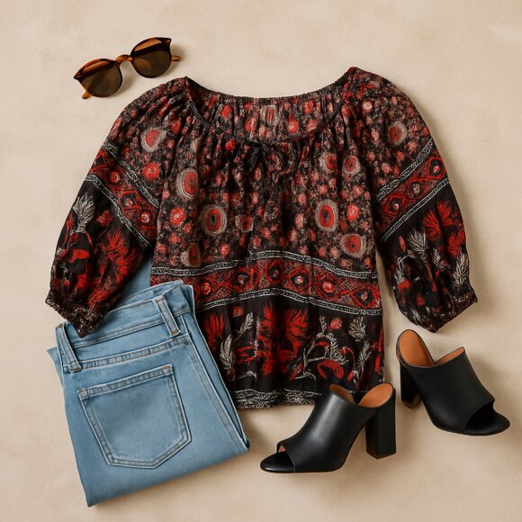 Joie Boho Floral Peasant Top Red Black Tie Neck Puff Sleeve Romantic Style Small - Picture 2 of 11